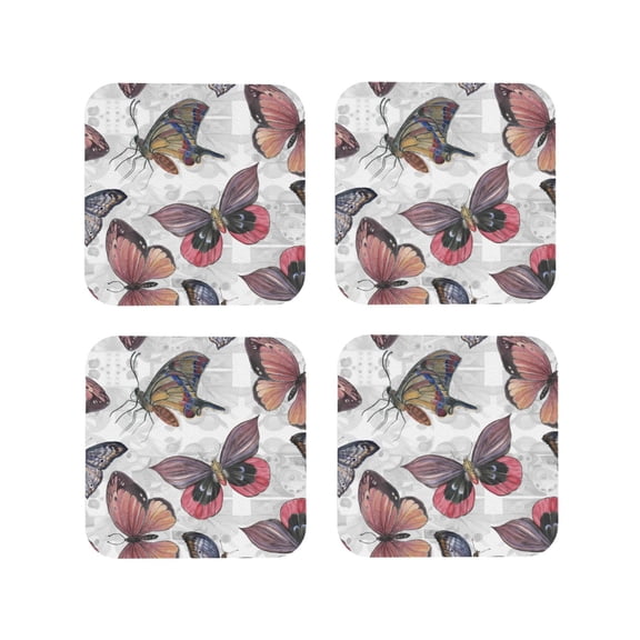 Picia Vintage Butterflies Printed Leather Coasters for Drinks, 4" Drink Coasters Set of 4 for Tabletop Protection, Handmade Luxurious Home Décor and Housewarming Gift -Square