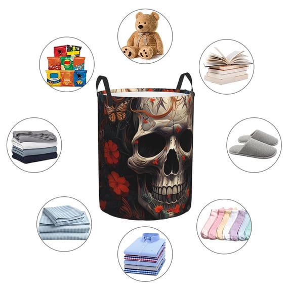 Picia Vintage Butterfly Flower Skull Large Laundry Basket, Waterproof, Freestanding Laundry Hamper, Collapsible Tall Clothes Hamper with Extended Handles-Medium