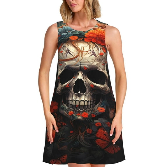 Picia Vintage Butterfly Flower Skull Print Women’s Sleeveless Midi Swing Dress – A-Line Pleated Tank Sundress, Comfortable and Flowy T-Shirt Dress