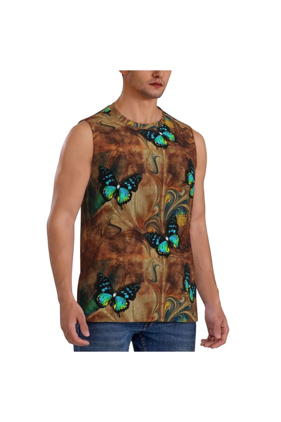 Vintage Butterfly Green mens Cotton Tank Undershirts , Moisture-wicking Ribbed Tanks, Lightweight Cotton Tank Undershirts-
