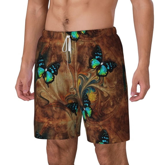 Picia Vintage Butterfly Green pattern Mens Swim Trunks with Compression Liner Stretch Beach Shorts Quick Dry with Zipper Pockets No-Chafing Board Shorts-Medium
