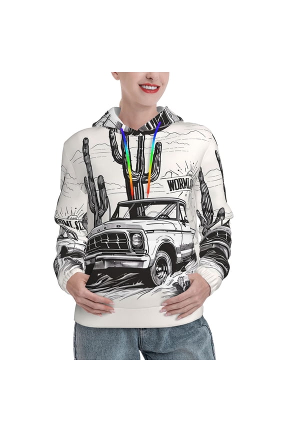 Vintage Cactus Pickup Pattern Casual Women's Hoodie, Hooded Sweatshirt with Kangaroo Pocket, Comfortable Pullover with Eye-catching Drawstrings-Small