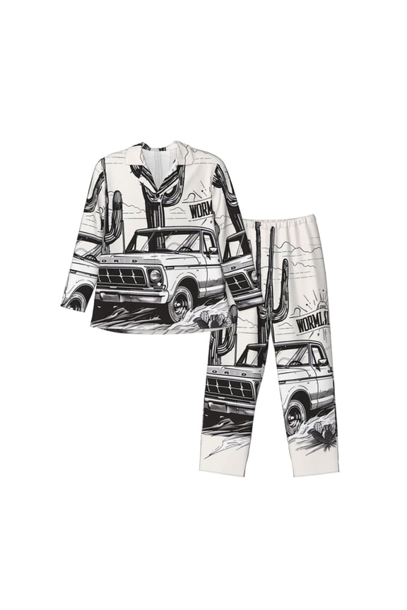 Vintage Cactus Pickup Pattern Men’s Long-Sleeve Sleepwear Set - Soft 2-Piece Loungewear with Pockets, Comfy PJs for Relaxing Nights-X-Large