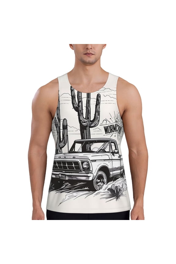 Vintage Cactus Pickup Printed Mens Performance Tank, Men's Workout Tank Top Moisture-Wicking Tank Top Muscle tee, Breathable Workout Shirt-Large