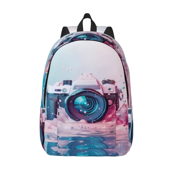 Picia Vintage Camera Splash Art Printed Canvas Daypack - Stylish and Durable Vintage Compact Backpack - Class, Work, Travel, or Laptop Bookbag,Organized Compartments-Medium