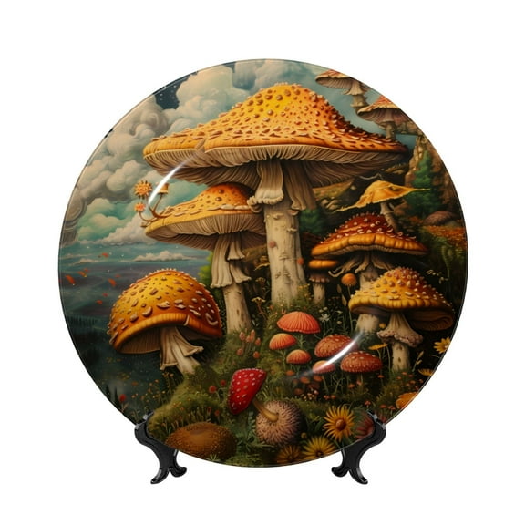 Picia Vintage Cloud Mushroom Pattern Bone China Decorative Plate – Wall Decor with Stand and Adhesive, Elegant Ornament for Living Room, Office, or Entryway-6in
