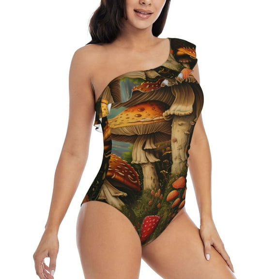 Picia Vintage Cloud Mushroom Pattern Women's One Piece Swimsuits,One Shoulder Swimwear Asymmetric ,Ruffle Monokinis Bathing Suits,High Waisted Flattering Bathing Suits-X-Large