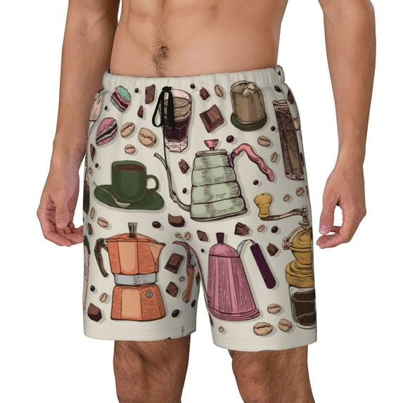 Picia Vintage Coffee pattern Mens Swim Trunks with Compression Liner Stretch Beach Shorts Quick Dry with Zipper Pockets No-Chafing Board Shorts-Medium