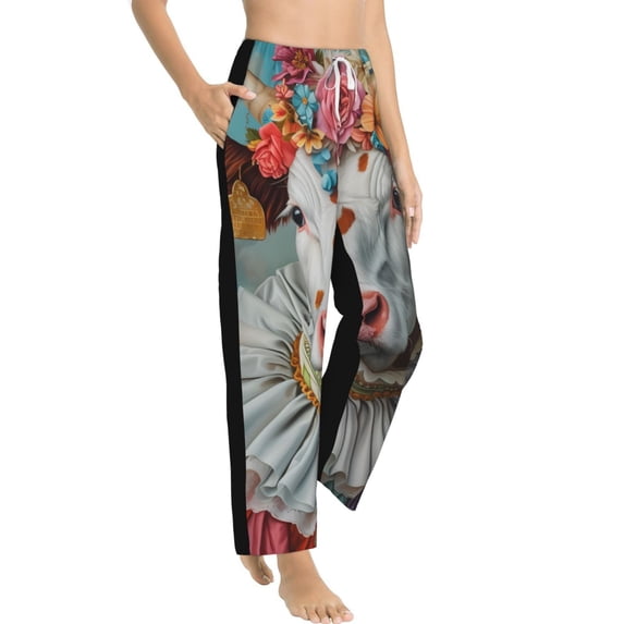 Picia Vintage Colorful Floral Cow Womens Soft Woven Cotton Elastic Waistband Sleep Pajama Pant Lounge Sleep Pant With Pockets And Drawstring-Medium