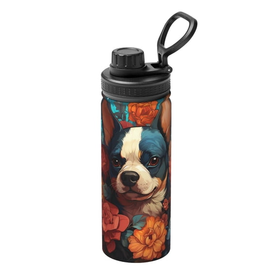 Picia Vintage Colorful Flower French Bulldog Pattern Water Bottle 18 oz Stainless Steel Insulated Bottles With Handle Leak Proof Gym Sport Water Jug BPA-free insulated kettle For Men Women Adults