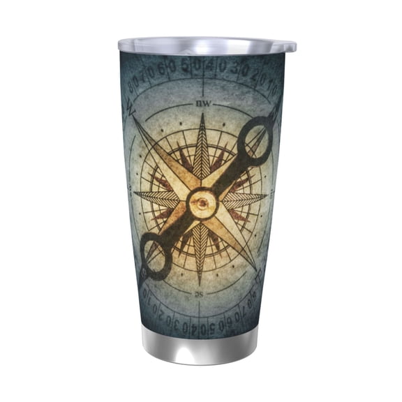 Picia Vintage Compass Pattern 20 oz Tumbler Stainless Steel Vacuum Insulated Coffee Ice Cup Double Wall Travel Flask Dual Lid Water Bottle, Eco-friendly Car Cup-Without Straw