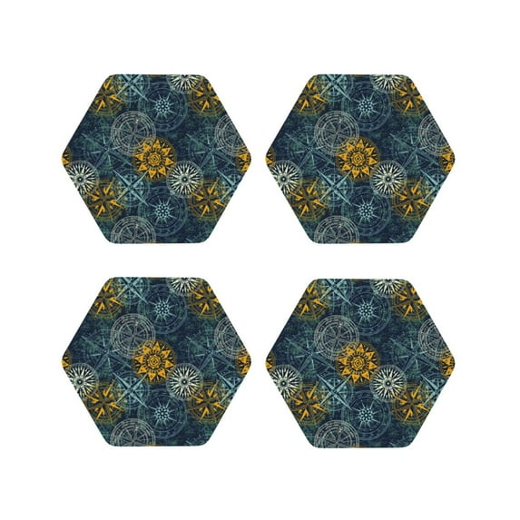 Picia Vintage Compass Printed Leather Coasters for Drinks, 4" Drink Coasters Set of 4 for Tabletop Protection, Handmade Luxurious Home Décor and Housewarming Gift -Hexagon