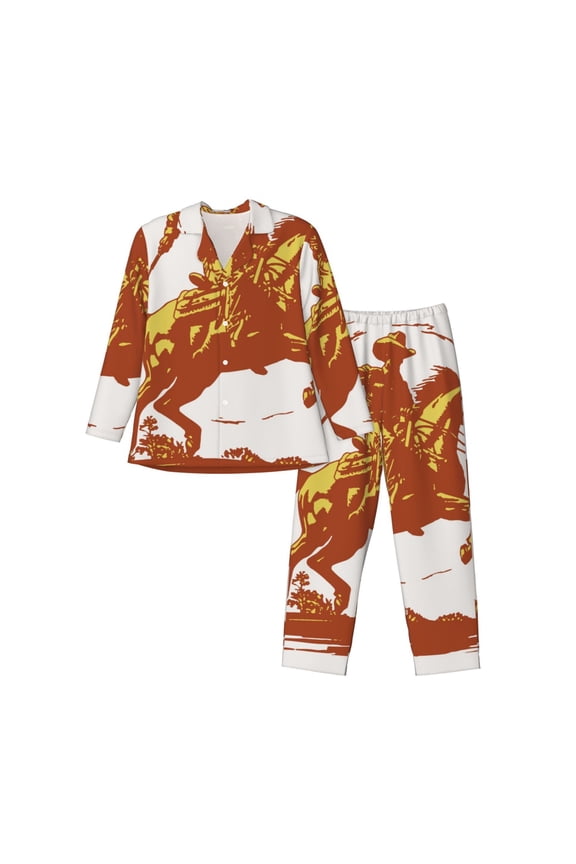 Vintage Cowboy On A Bronco Horse Pattern Mens Long-Sleeve Sleepwear Set - Soft 2-Piece Loungewear with Pockets, Comfy PJs for Relaxing Nights-X-Large