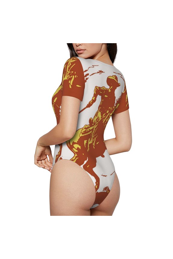 Vintage Cowboy On A Bronco Horse Womens One Piece Swimsuits Modest Tummy Control Bathing Suits Lace Up Slimming Swim Suit-Small
