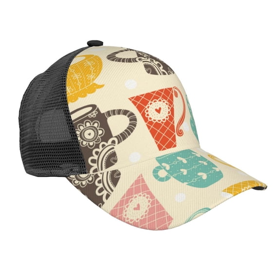 Picia Vintage Cup Pattern Trucker Hat,Baseball Cap,Sun Protection Cap,Stylish Headwear,Leisure Cap,Outdoor Sports Cap