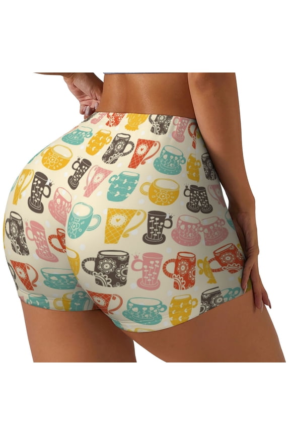 Vintage Cup Printed Workout Shorts for Women Seamless Scrunch Butt Lifting High Waisted Yoga Gym Booty Running Moisture-wicking Short Pants-Small