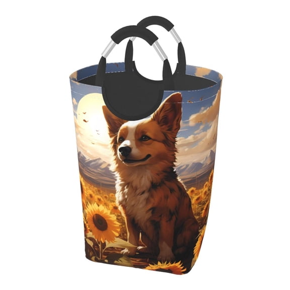 Picia Vintage Cute Corgi Sunflower Laundry Basket With Handles Laundry Hamper Toys Storage Organizer Foldable Bucket Washing Bin Dirty Clothes Bag For Home Bathroom Bedroom Dorm