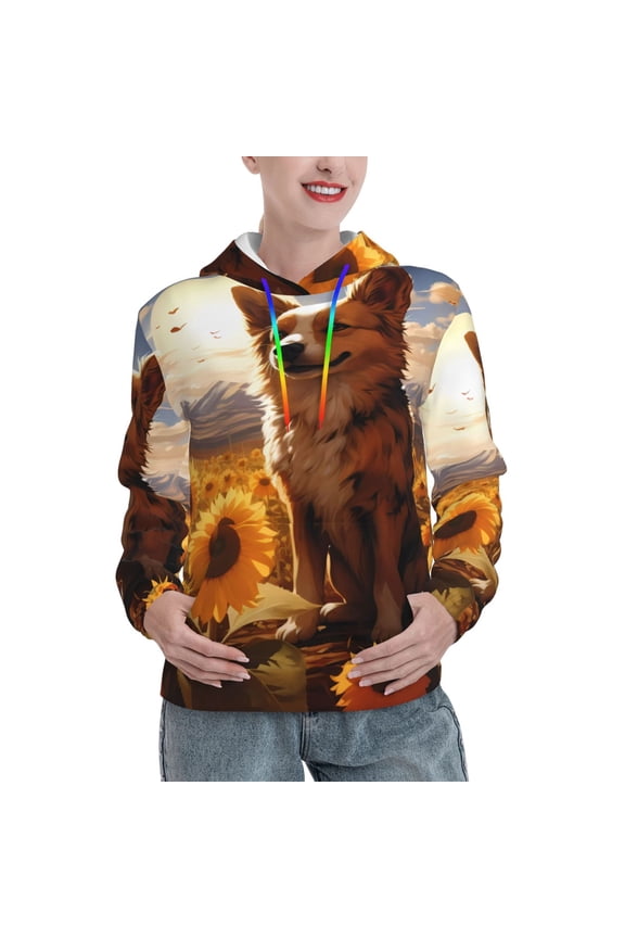 Vintage Cute Corgi Sunflower Pattern Casual Women's Hoodie, Hooded Sweatshirt with Kangaroo Pocket, Comfortable Pullover with Eye-catching Drawstrings-
