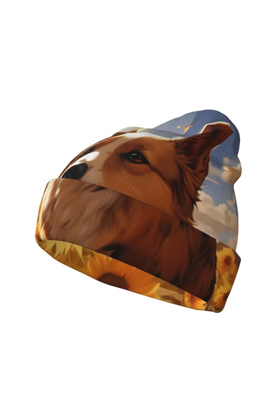 Vintage Cute Corgi Sunflower Pattern Knitted Beanie Hat for Men and Women , Unisex Winter Warm Stretchy Knit Cap Thick Fisherman Beanies Cuffed Plain Skull Caps