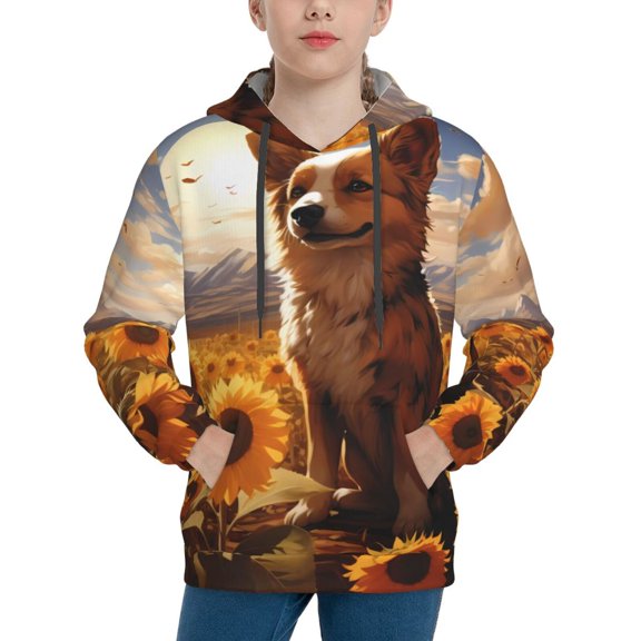 Picia Vintage Cute Corgi Sunflower Pattern Youth Hoodie - Warm Pullover Sweatshirt with Kangaroo Pocket, Ideal for Boys and Girls-X-Large