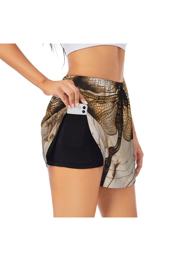 Vintage Dragonfly Artwork Pattern Women's 2 in 1 Athletic Running Shorts High Waisted Workout Casual Gym Sweat Shorts with Comfy Liner Zipper Pockets-Large