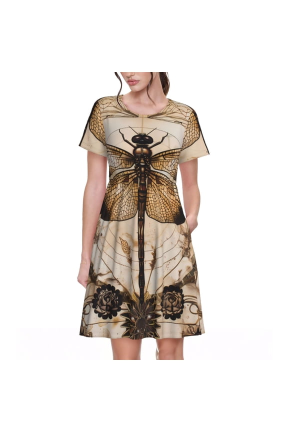 Vintage Dragonfly Artwork Pattern Women's Short Sleeve Summer Dress Pleated Loose Swing Knee Length Short Sleeve Swing Dresses