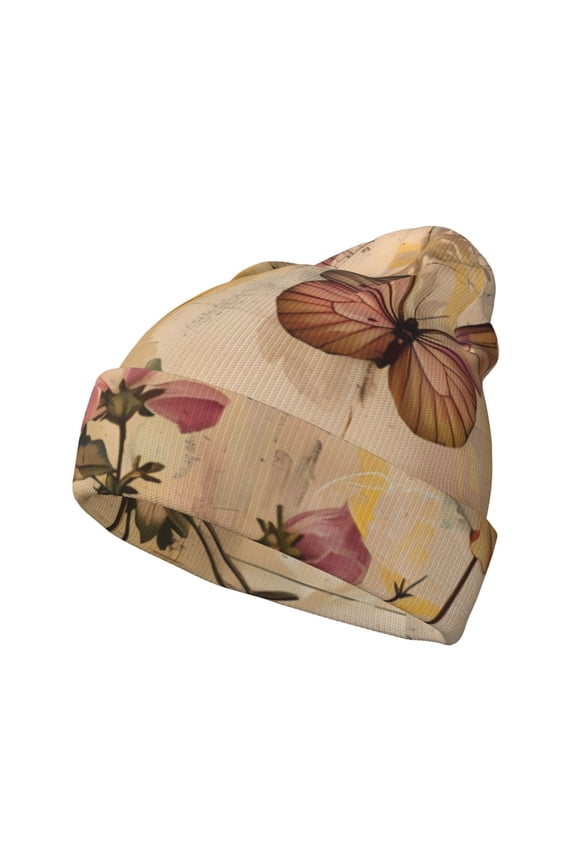 Vintage Floral Butterfly Collage Pattern Knitted Beanie Hat for Men and Women , Unisex Winter Warm Stretchy Knit Cap Thick Fisherman Beanies Cuffed Plain Skull Caps
