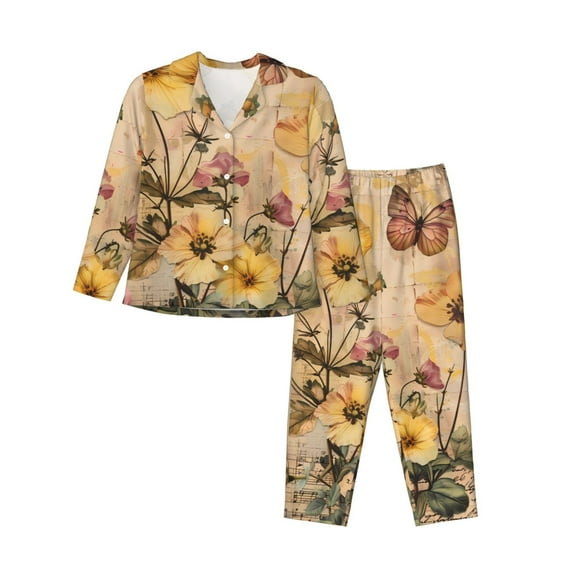 Picia Vintage Floral Butterfly Collage Pattern Women’s Long-Sleeve Sleepwear Set - Soft 2-Piece Loungewear with Pockets, Comfy PJs for Relaxing Nights-Large