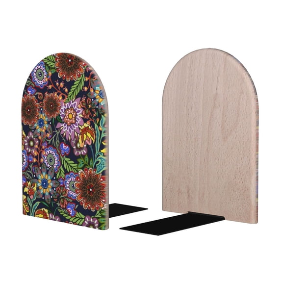 Picia Vintage Floral Pattern Wood Bookends for Shelves,Non-slip Bookends, Heavy Duty Wooden Bookend Support,1 Pair