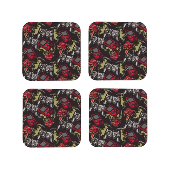 Picia Vintage Gaming Printed Leather Coasters for Drinks, 4" Drink Coasters Set of 4 for Tabletop Protection, Handmade Luxurious Home Décor and Housewarming Gift -Square