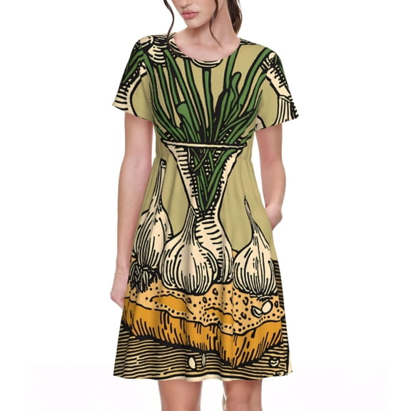 Picia Vintage Garlic Bread Illustration Pattern Women's Short Sleeve Summer Dress Pleated Loose Swing Knee Length Short Sleeve Swing Dresses