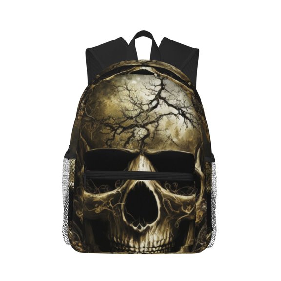 Picia Vintage Gold Leaf Skull Large Capacity Backpack Classic Style Backpack Casual Backpack Water-Resistant School Work Travel Outdoor Backpack