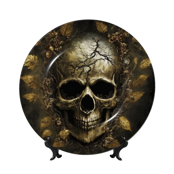 Picia Vintage Gold Leaf Skull Pattern Bone China Decorative Plate – Wall Decor with Stand and Adhesive, Elegant Ornament for Living Room, Office, or Entryway-8in