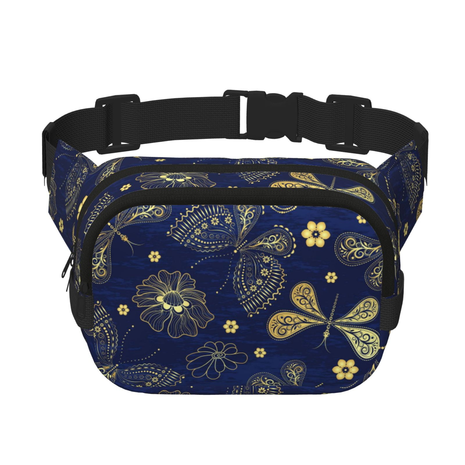Picia Vintage Golden Butterfly Print Square Double-Layer Waist Bag Mini Adjustable Waist Belt Bag Exercise Running Travel Hiking