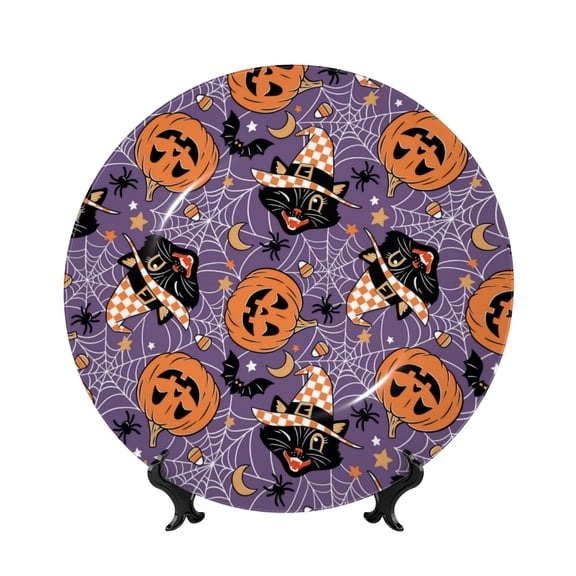 Picia Vintage Halloween Black Cat Pattern Bone China Decorative Plate – Wall Decor with Stand and Adhesive, Elegant Ornament for Living Room, Office, or Entryway-7in