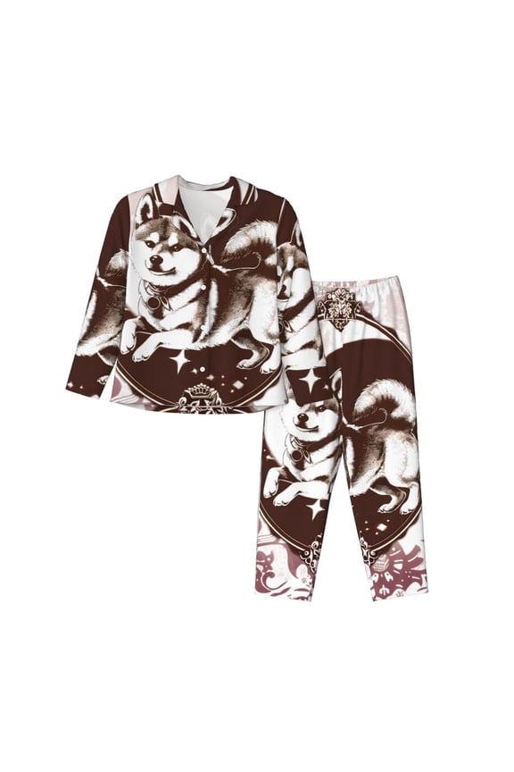 Vintage Husky Dog Pattern Women’s Long-Sleeve Sleepwear Set - Soft 2-Piece Loungewear with Pockets, Comfy PJs for Relaxing Nights-Large