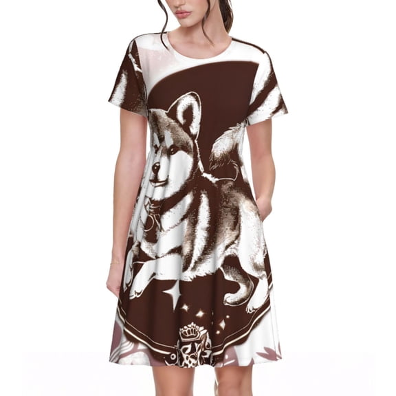 Picia Vintage Husky Dog Pattern Women's Short Sleeve Summer Dress Pleated Loose Swing Knee Length Short Sleeve Swing Dresses