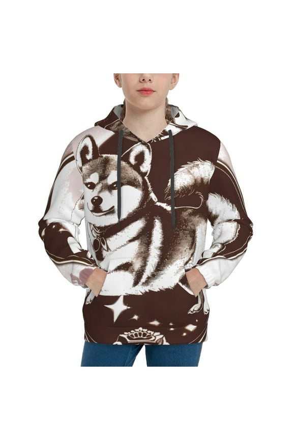 Vintage Husky Dog Pattern Youth Hoodie - Warm Pullover Sweatshirt with Kangaroo Pocket, Ideal for Boys and Girls-Large