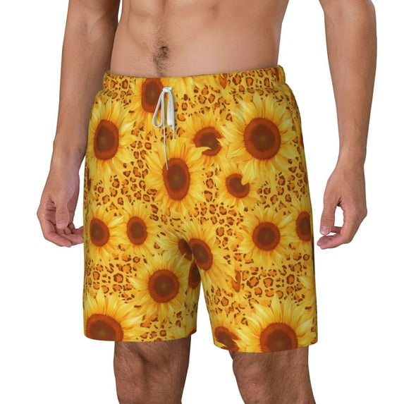 Picia Vintage Leopard Print Sunflower pattern Mens Swim Trunks with Compression Liner Stretch Beach Shorts Quick Dry with Zipper Pockets No-Chafing Board Shorts-X-Large