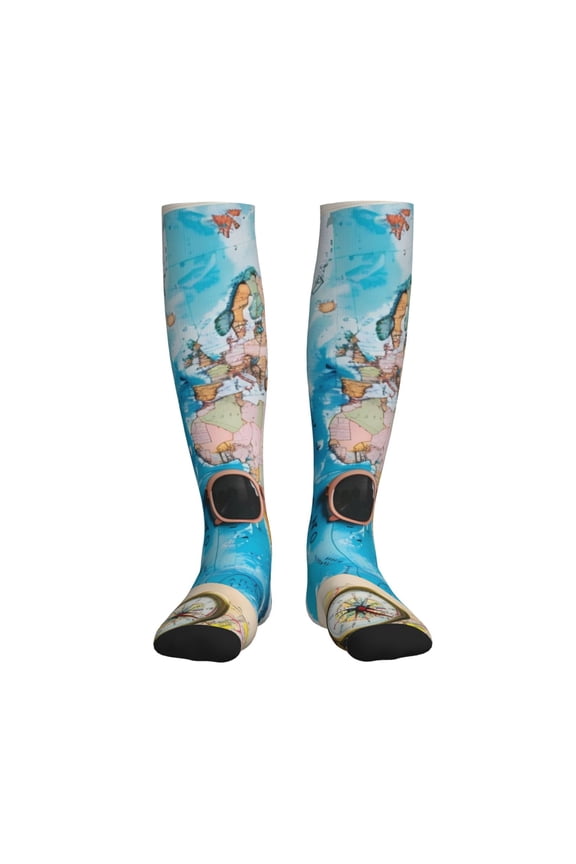 Vintage Map Travel Essentials Printed Sports Compression Socks - 15-20mmHg Graduated Compression, High-Performance Soft and Breathable Socks for Men and Women