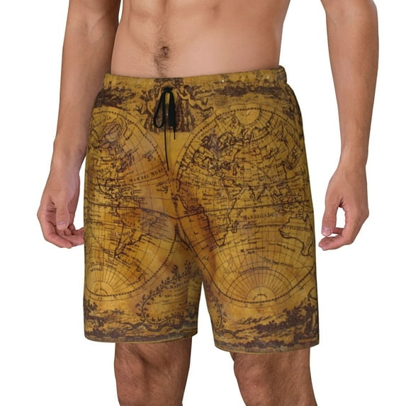Picia Vintage Map pattern Mens Swim Trunks with Compression Liner Stretch Beach Shorts Quick Dry with Zipper Pockets No-Chafing Board Shorts-Small