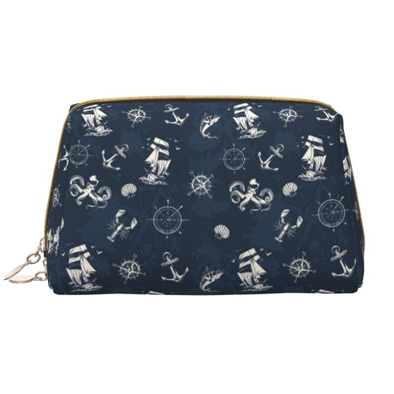 Picia Vintage Marine Print Leather Makeup Bag Make Up Bag Travel Toiletry Bag for Her Girlfriend Teacher Teen Girl Gifts