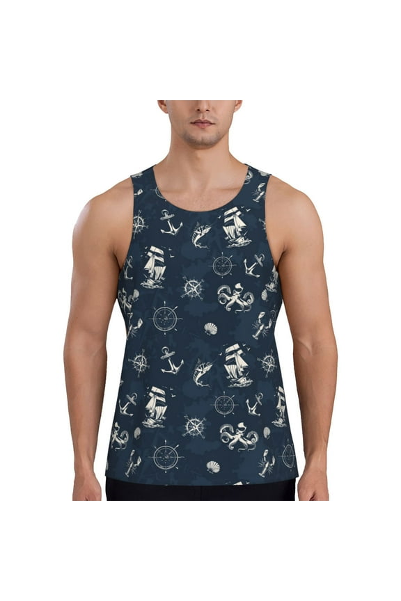 Vintage Marine Printed Men’s Performance Tank, Men's Workout Tank Top Moisture-Wicking Tank Top Muscle tee, Breathable Workout Shirt-Medium