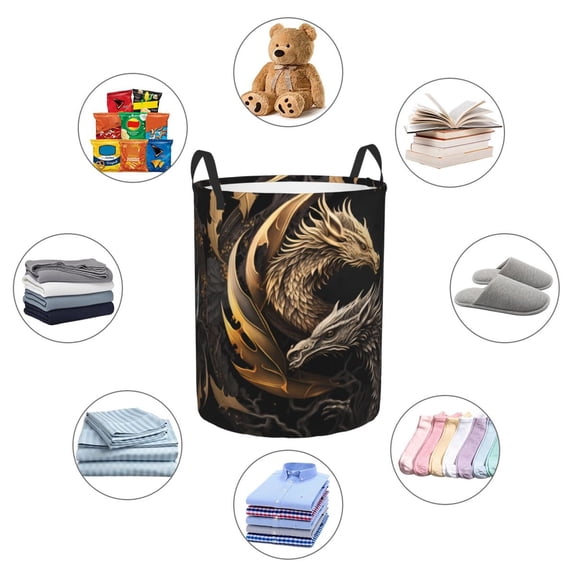 Picia Vintage Metal Dragon Large Laundry Basket, Waterproof, Freestanding Laundry Hamper, Collapsible Tall Clothes Hamper with Extended Handles-Small