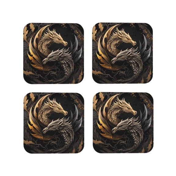 Picia Vintage Metal Dragon Printed Leather Coasters for Drinks, 4" Drink Coasters Set of 4 for Tabletop Protection, Handmade Luxurious Home Décor and Housewarming Gift -Square