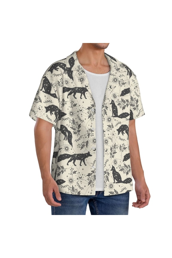 Vintage Moon Fox Men's Linen Shirts Short Sleeve Cuban Beach Shirts Casual Shirts Button Down Shirt for Men Beach Summer Wedding Shirt-4X-Large