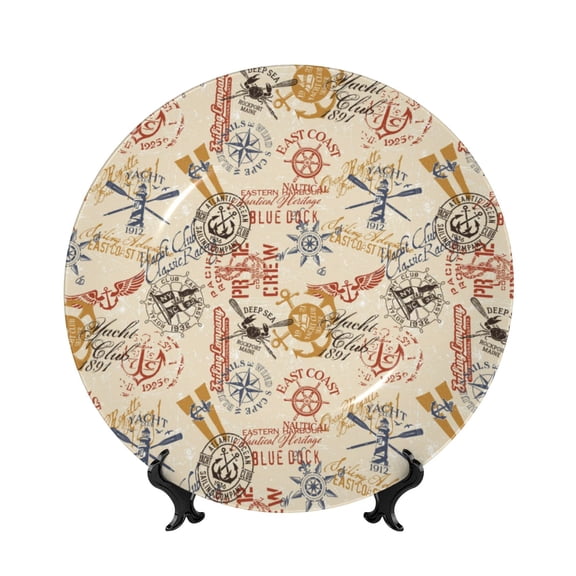 Picia Vintage Nautical Pattern Bone China Decorative Plate – Wall Decor with Stand and Adhesive, Elegant Ornament for Living Room, Office, or Entryway-6in