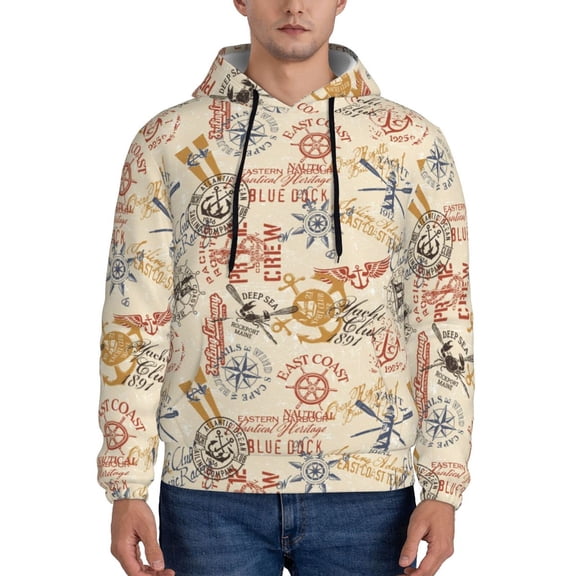 Picia Vintage Nautical Pattern Casual Men's Hoodie - Lightweight Hooded Sweatshirt with Kangaroo Pocket, Comfortable Pullover for Everyday, Travel-3X-Large