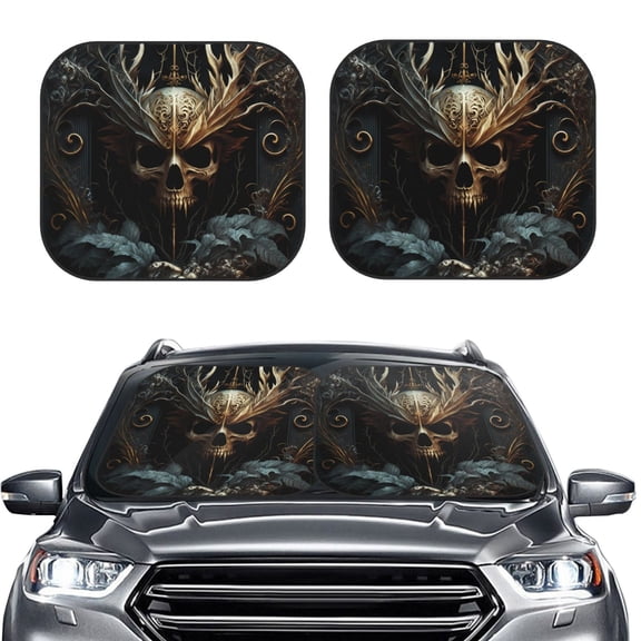 Picia Vintage Ornate Skull 2 Piece Car Windshield Sun Shade Foldable | Foldable Sun Shield for Front Window Blocks UV Rays and Keeps Your Vehicle Cool-Medium