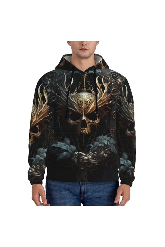 Vintage Ornate Skull Pattern Casual Men's Hoodie - Lightweight Hooded Sweatshirt with Kangaroo Pocket, Comfortable Pullover for Everyday, Travel-X-Large